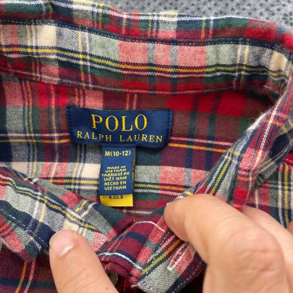 NEW Polo Ralph Lauren Boys Red Green Tartan Plaid Button Down Shirt Size M 10-12